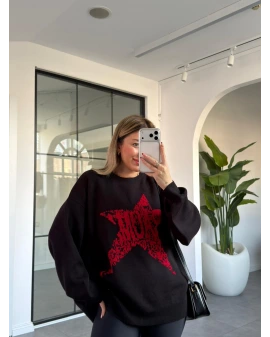 SİYAH KIRMIZI YILDIZ DESEN KAZAK