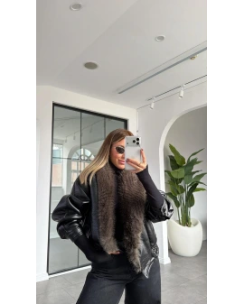 SİYAH KRUVAZE YAKA KÜRKLÜ DERİ MONT