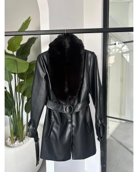 SİYAH KÜRK YAKA MİDİ BOY DERİ CEKET