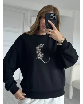 Siyah Leopar Figürlü Sweatshirt