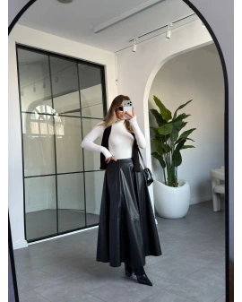 SİYAH MİDİ BOY DERİ ETEK