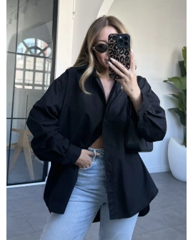 Siyah Poplin Kumaş Basic Oversize Gömlek