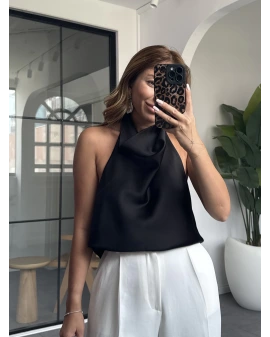 SİYAH SATEN HALTER YAKA SIRTI AÇIK BLUZ