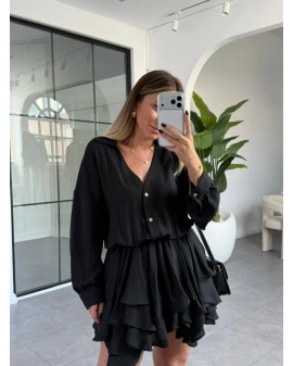 SİYAH ŞİFON ASİMETRİK ETEK UÇLU ELBİSE