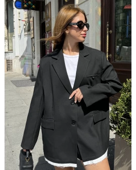 Siyah Sırt Baskılı Oversize Ceket