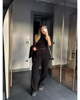 SİYAH ÜÇLÜ SAÇ ÖRGÜ DESEN TRİKO TAKIM