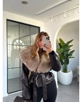 KAHVERENGİ YAKASI KÜRKLÜ DERİ CEKET