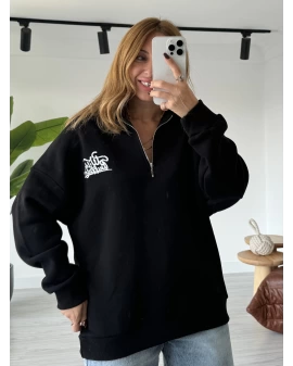 Siyah Yazı Baskılı Polo Yaka Sweatshirt