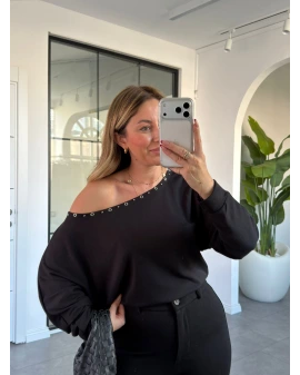 SİYAH ZIMBA DETAY YARASA KOL BLUZ