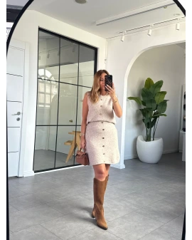 TAŞ GOLD DÜĞME DETAYLI TRİKO ETEK BLUZ TAKIM