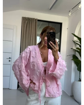 Toz Pembe Püsküllü Bağlamalı Gömlek