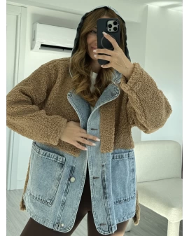 Vizon Jean Detay Kapüşonlu Oversize Peluş Ceket