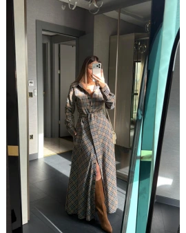 VİZON MAVİ KEMER DETAY EKOSE ELBİSE