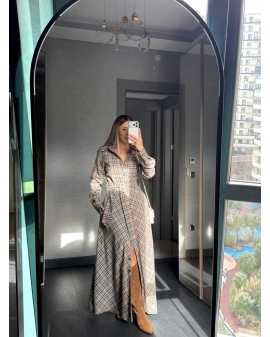 VİZON MAVİ KEMER DETAY  EKOSE ELBİSE