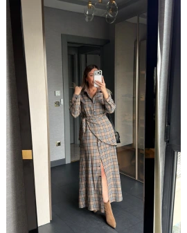 VİZON MAVİ PELERİN DETAY EKOSE ELBİSE