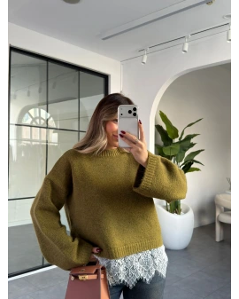 YAĞ YEŞİLİ DANTEL DETAY KAZAK