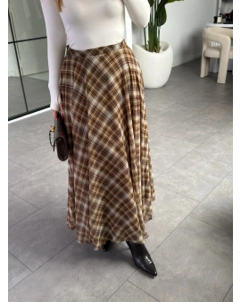 YEŞİL BEJ EKOSE DESEN ŞİFON ETEK