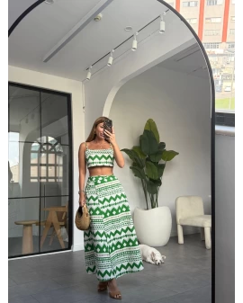 YEŞİL BEYAZ ETNİK DESEN CROP ETEK TAKIM