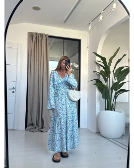 MAVİ ÇİÇEKLİ BLUZ ETEK TAKIM