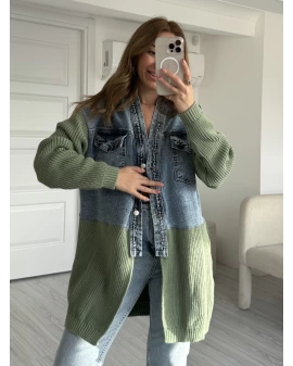 Yeşil Triko Detay Çift Cepli Oversize Jean Ceket