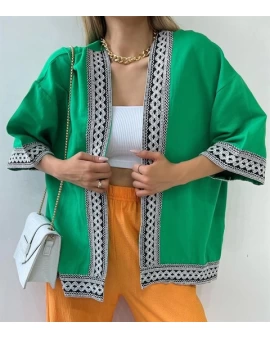 Yeşil Kenar Detaylı keten Kimono