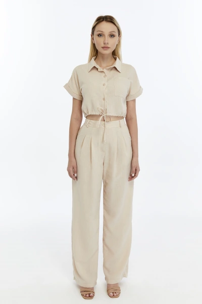 BEJ CROP KETEN PANTALON TAKIM