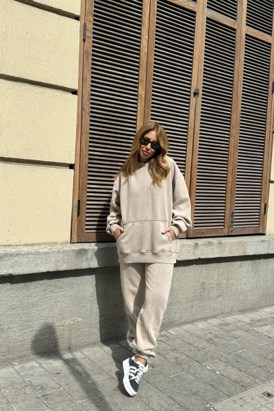 Bej Kanguru Cepli Oversize Kapüşonlu Takım