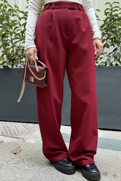 Bordo Premium Kalite Yüksek Bel Pileli Pantolon