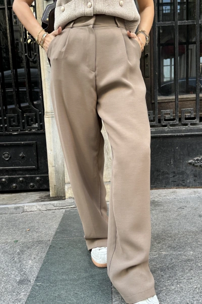 Camel Yüksek Bel Dökümlü Pantolon