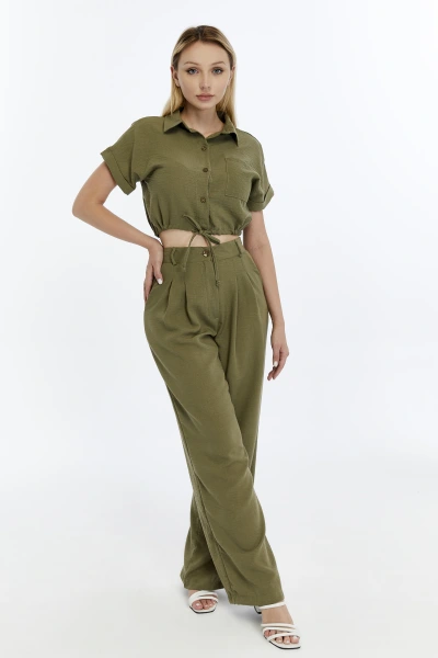 HAKİ CROP KETEN PANTALON TAKIM