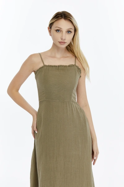 HAKİ FIRFIRLI İP ASKILI MÜSLİN ELBİSE