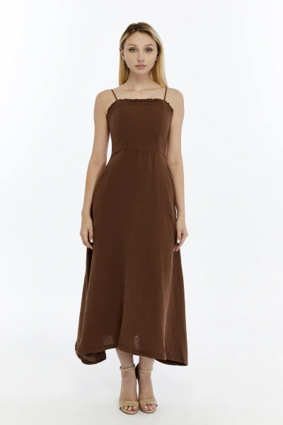 KAHVE FIRFIRLI İP ASKILI MÜSLİN ELBİSE