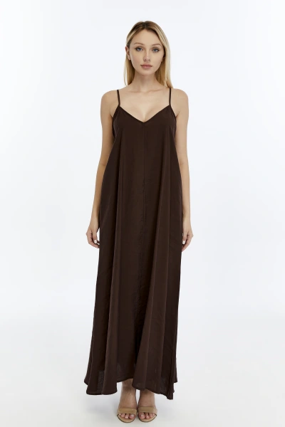 ACI KAHVE V YAKA İP ASKILI ELBİSE