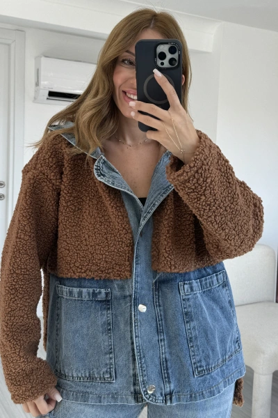 Kahverengi Jean Detay Kapüşonlu Oversize Peluş Ceket