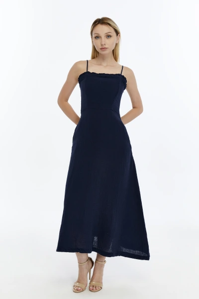 LACİVERT FIRFIRLI İP ASKILI MÜSLİN ELBİSE