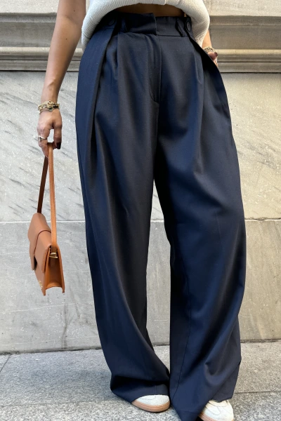 Lacivert Yüksek Bel Düğme Detay Palazzo Pantolon