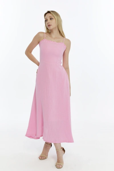 PEMBE FIRFIRLI İP ASKILI MÜSLİN ELBİSE