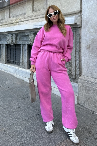 Pembe Yıkamalı Oversize Eşofman Takım