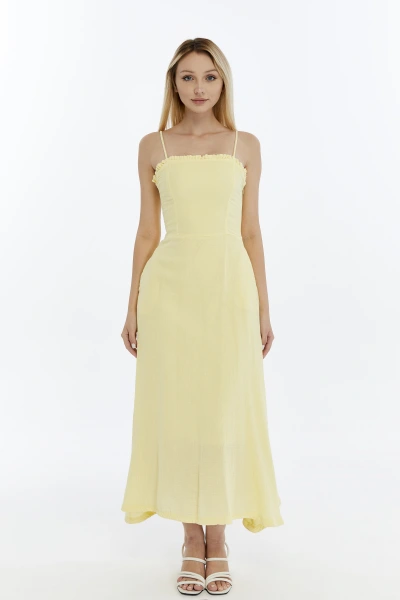 SARI FIRFIRLI İP ASKILI MÜSLİN ELBİSE