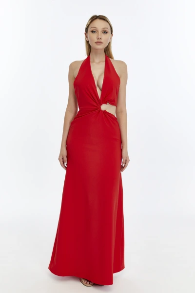KIRMIZI DEKOLTE DETAYLI ELBİSE