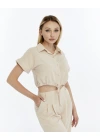 BEJ CROP KETEN PANTALON TAKIM