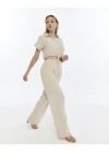 BEJ CROP KETEN PANTALON TAKIM