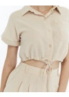 BEJ CROP KETEN PANTALON TAKIM