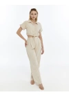 BEJ CROP KETEN PANTALON TAKIM