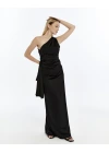SİYAH TEK OMUZ DRAPE DETAY ELBİSE