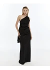 SİYAH TEK OMUZ DRAPE DETAY ELBİSE