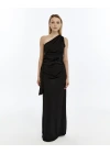 SİYAH TEK OMUZ DRAPE DETAY ELBİSE