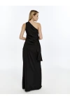 SİYAH TEK OMUZ DRAPE DETAY ELBİSE