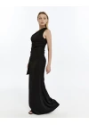 SİYAH TEK OMUZ DRAPE DETAY ELBİSE