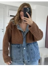 Kahverengi Jean Detay Kapüşonlu Oversize Peluş Ceket